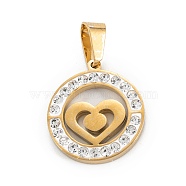 Ion Plating(IP) 304 Stainless Steel Pendants, with Polymer Clay Rhinestones, Flat Round with Heart, Golden, 26x17x5mm, Hole: 6x3.5mm(STAS-P292-13G)