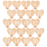 Heart Wooden Table Number 1-20 with Base, for Wedding Reception and Wedding Table Decorations, BurlyWood, 17.5~103x42~105x3mm, 40pcs/set(DJEW-WH0033-61)