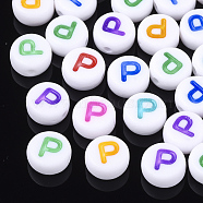 Initial Acrylic Beads, Horizontal Hole, Flat Round, Mixed Color, Letter.P, 7x3.5~4mm, Hole: 1.2mm, about 3700pcs/500g(OACR-E001-20P)