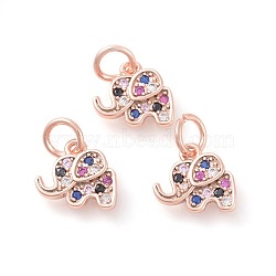 Brass Micro Pave Cubic Zirconia Charms, Elephant, Colorful, Rose Gold, 10x11x2mm, Hole: 4mm(ZIRC-F106-08RG)