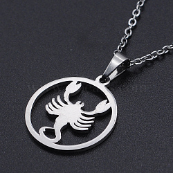 201 Stainless Steel Pendants Necklaces, with Cable Chains and Lobster Claw Clasps, Flat Round with Constellation/Zodiac Sign, Scorpio, 15-3/4 inch(40cm), 1.5mm(NJEW-S105-JN626-8)