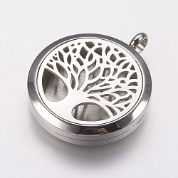 316 Surgical Stainless Steel Diffuser Locket Pendants, with Perfume Pad and Magnetic Clasp, Flat Round with Tree, Stainless Steel Color, 37x30x6mm, Hole: 5mm, Inner Diameter: 23mm, Perfume Pad: 22x3mm(STAS-J021-07)