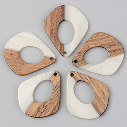 Opaque Resin & Walnut Wood Pendants, Teardrop, Floral White, 32.5x27.5x3mm, Hole: 2mm(RESI-S389-016A-C04)
