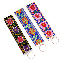 Polyester Floral Embroidered Jacquard Ribbon Keychain, with Iron Rings, Mixed Color, 17.5cm, 3pcs/set(KEYC-TAC00045)