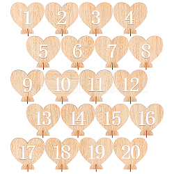 Heart Wooden Table Number 1-20 with Base, for Wedding Reception and Wedding Table Decorations, BurlyWood, 17.5~103x42~105x3mm, 40pcs/set(DJEW-WH0033-61)