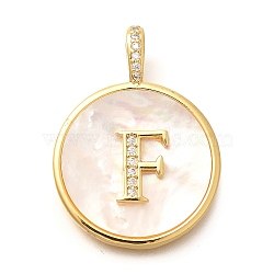 Rack Plating Brass Micro Pave Clear Cubic Zirconia Pendants with Shell, Letter Series Charms, Long-Lasting Plated, Lead Free & Cadmium Free, Letter F, 32x24x3.5mm, Hole: 6x3mm(KK-M309-42G-F)