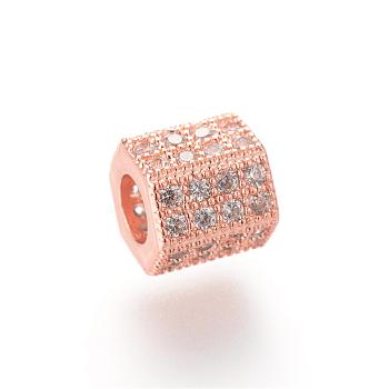 Brass Micro Pave Cubic Zirconia European Beads, Large Hole Beads, Hexagon, Rose Gold, 7x8x7mm, Hole: 4mm