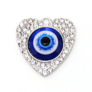 Zinc Alloy Pendants, with Resin and Rhinestone, Heart with Evil Eyes, Platinum, 22x21x5mm, Hole: 2mm