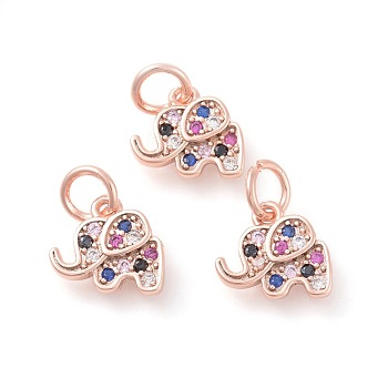 Brass Micro Pave Cubic Zirconia Charms, Elephant, Colorful, Rose Gold, 10x11x2mm, Hole: 4mm