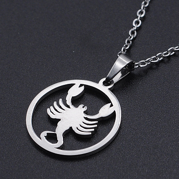 201 Stainless Steel Pendants Necklaces, with Cable Chains and Lobster Claw Clasps, Flat Round with Constellation/Zodiac Sign, Scorpio, 15-3/4 inch(40cm), 1.5mm