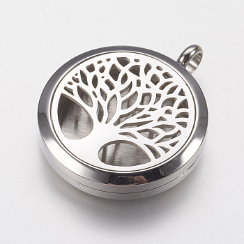 316 Surgical Stainless Steel Diffuser Locket Pendants, with Perfume Pad and Magnetic Clasp, Flat Round with Tree, Stainless Steel Color, 37x30x6mm, Hole: 5mm, Inner Diameter: 23mm, Perfume Pad: 22x3mm