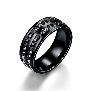 201 Stainless Steel Rhinestone Finger Ring, Black, 8mm, US Size 8(18.1mm)