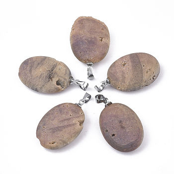 Electroplate Natural Druzy Geode Agate Pendants, with Brass Findings, Oval, Platinum, Dark Salmon, 28~29x18.5x7mm, Hole: 4.5x4mm