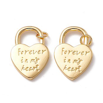 Rack Plating Brass Pendants, Long-Lasting Plated, with Jump Ring, Lead Free & Cadmium Free, Heart Lock with Phrase Forever in my heart, Real 18K Gold Plated, 27.5x18.5x2.5mm, Hole: 4mm