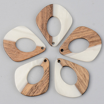 Opaque Resin & Walnut Wood Pendants, Teardrop, Floral White, 32.5x27.5x3mm, Hole: 2mm