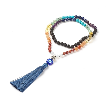 Gemstone Mala Beads Necklace, Lampwork Evil Eye with Tassel Big Pendant Necklace, Yoga Prayer Jewelry for Women, 28.98 inch(73.6cm)