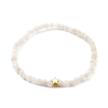 Faceted Round Natural Rainbow Moonstone Stretch Beaded Bracelets, with Star Brass Beads, Inner Diameter: 5.5cm(2-1/8 inch)