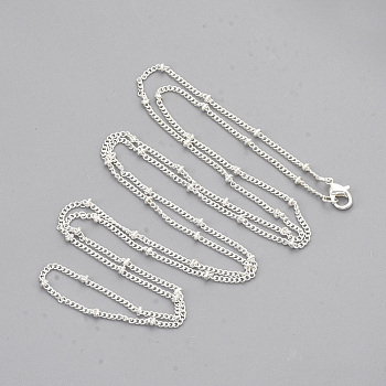 Brass Coated Iron Curb Chain Necklace Making, with Beads and Lobster Claw Clasps, Silver Color Plated, 32 inch(81.5cm)