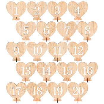 Heart Wooden Table Number 1-20 with Base, for Wedding Reception and Wedding Table Decorations, BurlyWood, 17.5~103x42~105x3mm, 40pcs/set