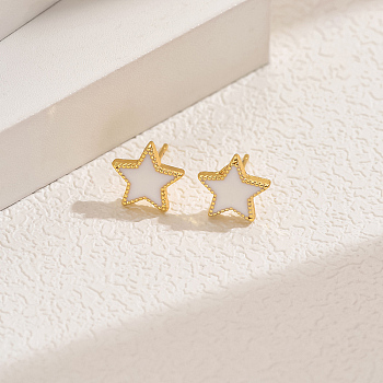 Alloy Star Stud Earrings, Real 14K Gold Plated, White, 10mm