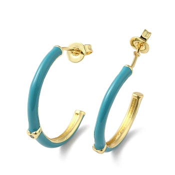 Real 18K Gold Plated Brass Ring Stud Earrings, Half Hoop Earrings with Enamel, Dark Turquoise, 19.5x2.5mm