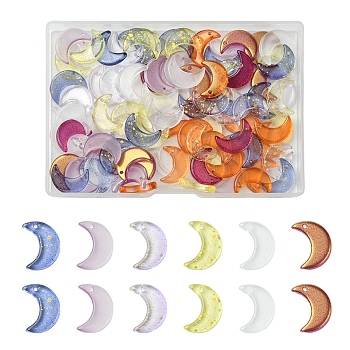 100Pcs Transparent Glass Pendants, Moon Charms, with Glitter Powder, Gradient Color, Mixed Color, 16x11.5x2.5~3mm, Hole: 1~1.2mm