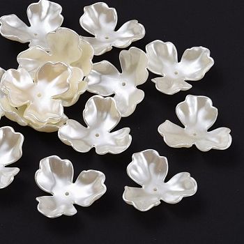 3-Petal Flower ABS Plastic Imitation Pearl Bead Caps, Creamy White, 35x38x12mm, Hole: 2mm