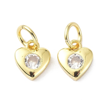 Brass Cubic Zirconia Charms, with Jump Ring, Long-Lasting Plated, Lead Free & Cadmium Free, Heart, Real 18K Gold Plated, 7.5x6.5x2.3mm