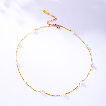 Stainless Steel Chain Necklace with Imitation Pearl Beaded for Women, Golden, 15.75 inch(40cm)