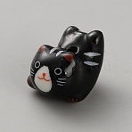 Bright Glazed Porcelain Beads, Cute Cat Shape, Black, 17.5x15.5x20mm, Hole: 2mm(PORC-WH0015-14C)