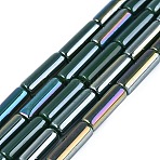 Electroplate Opaque Glass Beads Strands, Tube, AB Color Plated, Dark Green, 13~13.5x4~4.5mm, Hole: 0.5~0.8mm, about 27~30pcs/strand, 13.98~15.75 inch(35.5~40cm)(EGLA-Q132-02A-B01)