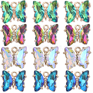 32Pcs 4 Colors Brass with Glass Charms, with Crystal Rhinestone, Butterfly, Mixed Color, 10x12x4mm, Hole: 1.2mm, 8pcs/color(KK-SC0003-57)