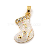 Christmas Brass Micro Pave Cubic Zirconia Pendant, with Synthetic Opal, Christmas Stocking, Snow, 19x16.5x4.5mm, Hole: 5x3mm(KK-H468-02C-01G)