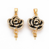 Brass Micro Pave Clear Cubic Zirconia Peg Bails Pendants, for Half Drilled Bead, Nickel Free, with Enamel and Brass Snap on Bails, Real 18K Gold Plated, Flower, Black, 28mm, Hole: 4.5x2.5mm, Pin: 0.7mm(for half drilled beads), Flower: 15.5x13x6mm(KK-N233-122-NF)