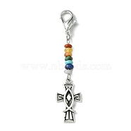 Crucifix Cross with Jesus Fish Alloy Enamel Pendant Decorations, Chakra Natural & Synthetic Stone Beads and Lobster Claw Clasps Charms , Antique Silver, 66mm(HJEW-JM01538)