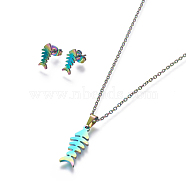 304 Stainless Steel Jewelry Sets, Stud Earring and Pendant Necklaces, Fish Bone, Rainbow, Multi-color, 17.7 inch~18.1 inch(45~46cm), 12x5.5mm, Pin: 0.8mm(X-SJEW-L141-069M)