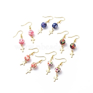 Resin Round Bead with Cross Dangle Earrings, Gold Plated Brass Jewelry for Women, Mixed Color, 45mm, Pin: 0.8mm(EJEW-JE05056)