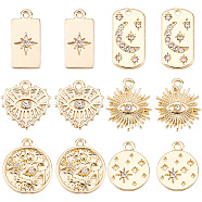 24Pcs 6 Styles Alloy Pendants, with Crystal Rhinestone, Cadmium Free & Nickel Free & Lead Free, Flat Round & Sun & Heart Charm, Mixed Shapes, Real 18K Gold Plated, 15~18.5x9~15x2~3mm, Hole: 1.4~1.5mm, 4pcs/style(FIND-SC0003-82)
