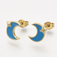 Brass Stud Earrings, with Enamel and Ear Nuts, Moon with Star, Golden, Deep Sky Blue, 10x9mm, Pin: 0.7mm(EJEW-S201-175C)