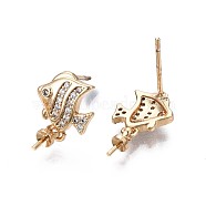 Brass Micro Pave Clear Cubic Zirconia Stud Earring Findings, For Half Drilled Bead, Fish, Real 18K Gold Plated, 15x9mm, Pin: 0.7mm, pin: 0.7mm(for Half Drilled Bead).(KK-Q764-032)
