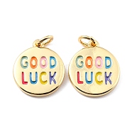 Brass Enamel Pendants, with Jump Ring, Long-Lasting Plated, Real 18K Gold Plated, Flat Round & Word GOOD LUCK, Colorful, 16x14x2mm, Jump Ring: 5x0.8mm, 3.4mm Inner Diameter(KK-K250-25G)