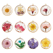 12Pcs 12 Styles Transparent Clear Epoxy Resin Pendants, with Edge Golden Plated Brass Loops and Gold Foil, Flat Round Charms with Inner Flower, Mixed Color, 33.8x30x4mm, Hole: 2.5mm, 1pc/style(RESI-TA0001-85)