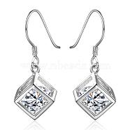 Elegant Fashion Cube Brass Cubic Zirconia Dangle Earrings, Clear, Silver Color Plated, 30x11mm(EJEW-BB07973-S)