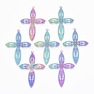 Ion Plating(IP) 201 Stainless Steel Filigree Pendants, Etched Metal Embellishments, Cross, Rainbow Color, 45.5x32x0.4mm, Hole: 1.5mm(STAS-T057-10)