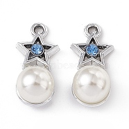 Alloy Rhinestone Pendants, with ABS Plastic Imitation Pearl Beads, Star with Round Charm, Platinum, 19x9x8mm, Hole: 1.4mm(ALRI-K049-06P)