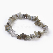Natural Labradorite Beads Stretch Bracelets, with Brass Micro Pave Cubic Zirconia Beads, Chip and Cross, Platinum, 2-1/8 inch(5.3cm)~2-1/8 inch(5.5cm)(BJEW-JB03926-09)