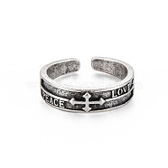 Word Peace Love Open Cuff Ring, Tibetan Style Alloy Cross Ring for Men Women, Cadmium Free & Lead Free, Antique Silver, US Size 8 1/2(18.5mm)(RJEW-S038-201)