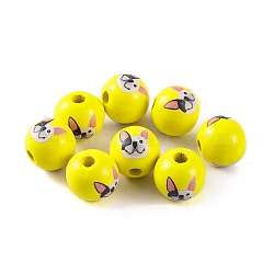 Wood European Beads, Round with Dog Pattern, Yellow, 16x15mm, Hole: 4.5mm(WOOD-G021-01C)