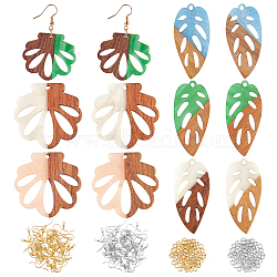 SUPERFINDINGS DIY 6 Pairs Leaf and Flower Wood Earring Makings, Including Pendants, Brass Earring Hooks & Jump Ring, Mixed Color, Pendant: 12pcs(DIY-FH0002-02)