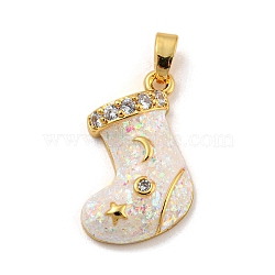 Christmas Brass Micro Pave Cubic Zirconia Pendant, with Synthetic Opal, Christmas Stocking, Snow, 19x16.5x4.5mm, Hole: 5x3mm(KK-H468-02C-01G)